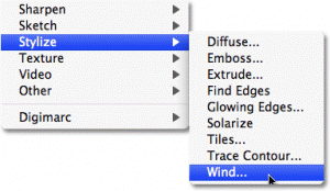 انتخاب Wind از منوی Filter و زیرمنوی Stylize