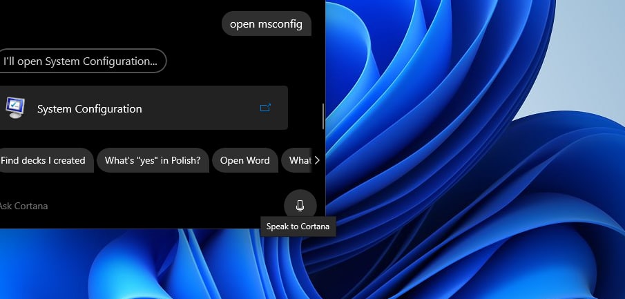 باز کردن msconfig با استفاده از Cortana با فرمان صوتی